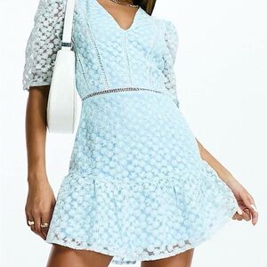 Blue Tiered Lace Mini Dress with Sleeves